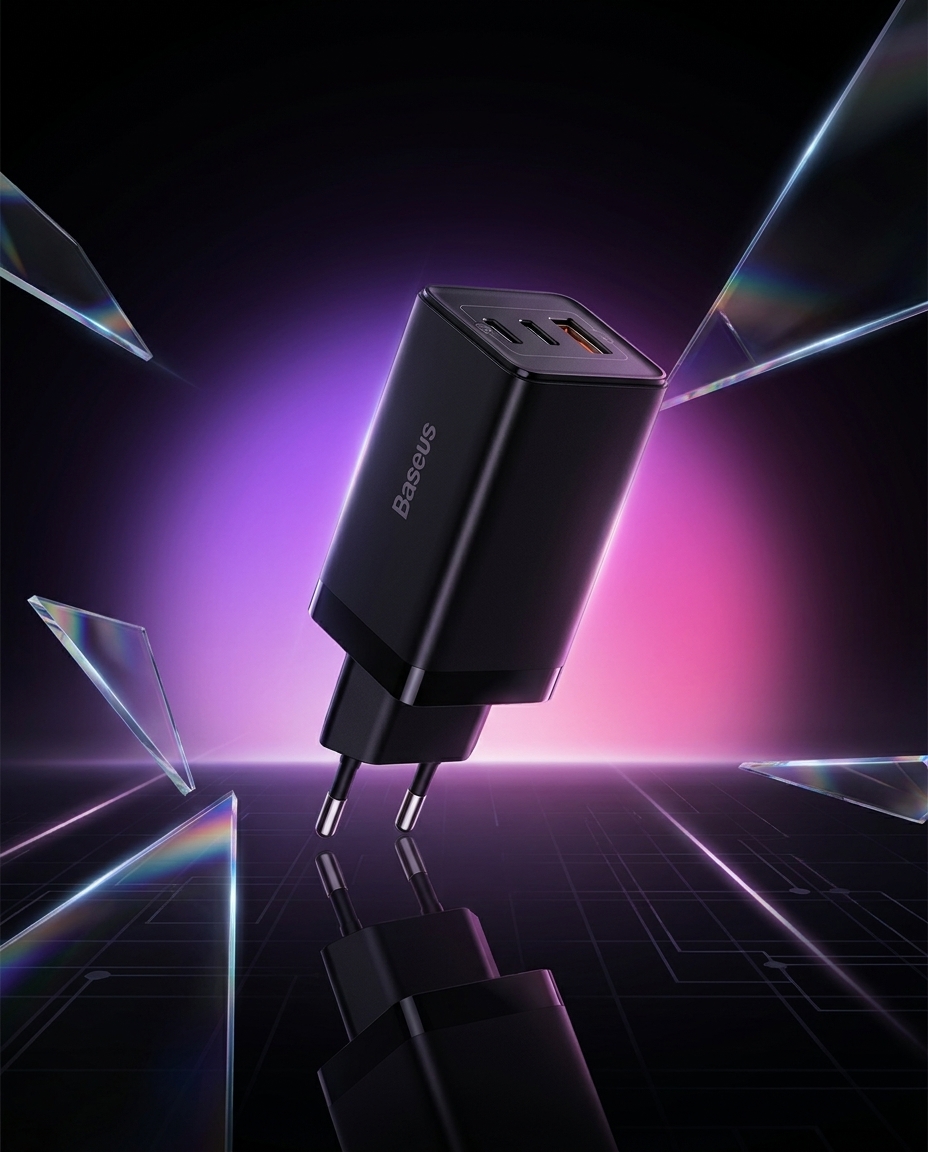 Baseus GaN5 Pro CCGP120201 65W ładowarka sieciowa 2x USB-C PD 3.0 + USB-A QC 4.0 czarna — ujęcie 1