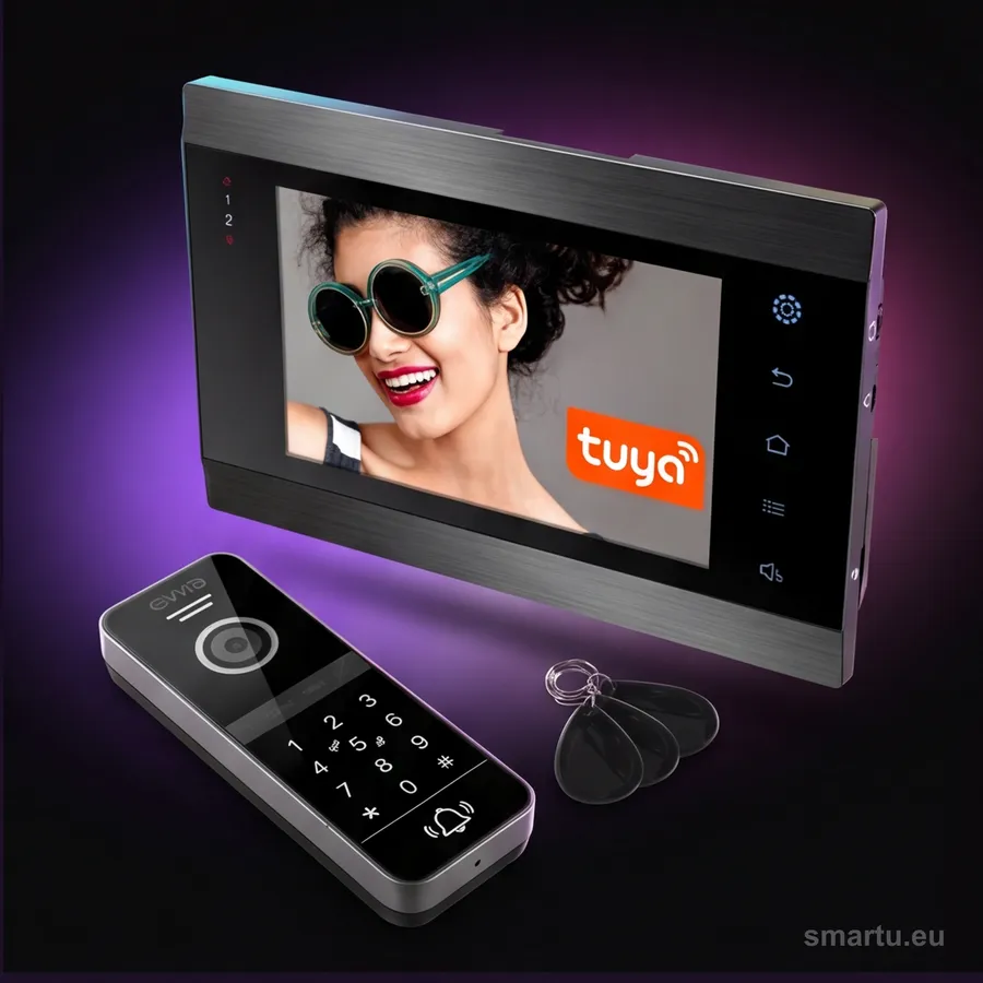 EURA VDP-00C5 czarny wideodomofon Tuya WiFi monitor 7 cali kamera 1080p RFID szyfrator 2 strefy