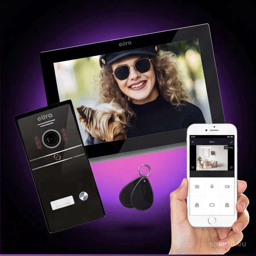 EURA VDP-98C5 wideodomofon czarny WiFi Tuya monitor 10 cali dotykowy 1080p RFID IP65 SD 128GB