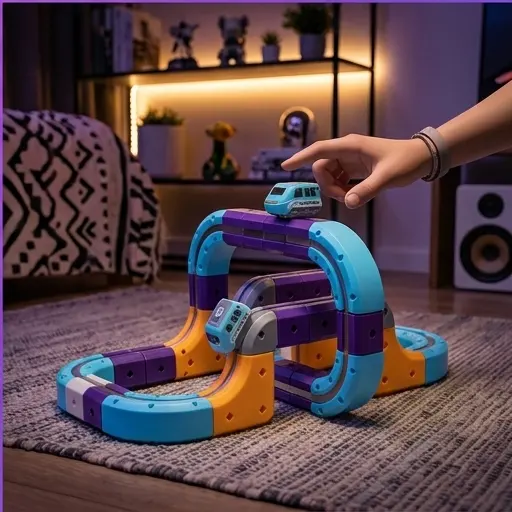 Zmontowany wielopoziomowy tor wyścigowy 3D z wiaduktami i zakrętami - widok boczny Zmontowany wielopoziomowy tor wyścigowy 3D z wiaduktami i zakrętami - widok boczny