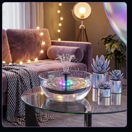 Fontanna LUARO LED RGB nocą, kolorowe odbicia w tafli oczka wodnego Fontanna LUARO LED RGB nocą, kolorowe odbicia w tafli oczka wodnego