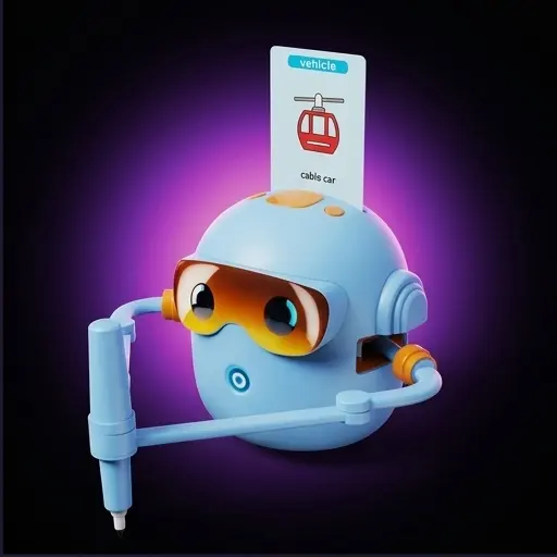 Robot edukacyjny niebieski rysuje zwierzę krok po kroku, w tle 100 kart z obrazkami i kolorowe mazaki Robot edukacyjny niebieski rysuje zwierzę krok po kroku, w tle 100 kart z obrazkami i kolorowe mazaki