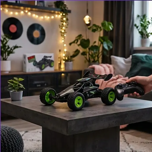 Mini auto RC czarno-zielone podczas jazdy na drewnianej podłodze - widok dynamiczny Mini auto RC czarno-zielone podczas jazdy na drewnianej podłodze - widok dynamiczny