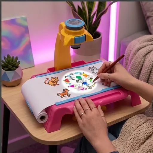 Dziecko obrysowuje wzór na rolce papieru A4 przy stoliku z projektorem Dziecko obrysowuje wzór na rolce papieru A4 przy stoliku z projektorem