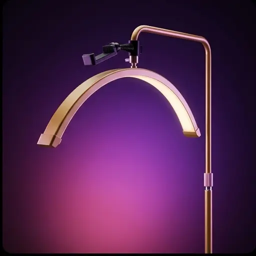 Złota lampa łukowa kosmetyczna LED 36W - widok z boku, regulacja wysokości stelaża Złota lampa łukowa kosmetyczna LED 36W - widok z boku, regulacja wysokości stelaża