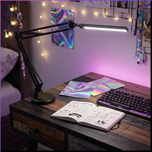 Lampka biurkowa USB na metalowej podstawce, ustawiona na biurku obok laptopa Lampka biurkowa USB na metalowej podstawce, ustawiona na biurku obok laptopa