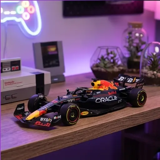 Złożony bolid Rastar RB19 RC z widocznym tylnym skrzydłem i barwami Red Bull Racing Złożony bolid Rastar RB19 RC z widocznym tylnym skrzydłem i barwami Red Bull Racing