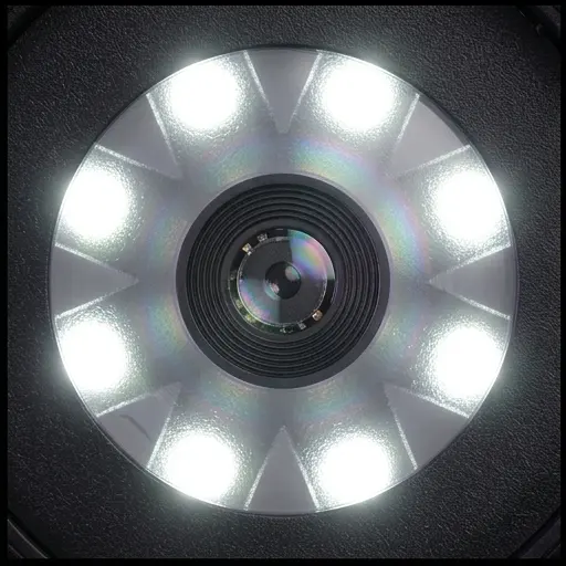 Zbliżenie na soczewkę lupy cyfrowej KX3137 z widocznym pierścieniem 8 diod LED Zbliżenie na soczewkę lupy cyfrowej KX3137 z widocznym pierścieniem 8 diod LED