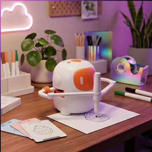 Dziecko koloruje rysunek narysowany przez robota edukacyjnego - 12 kolorowych pisaków Dziecko koloruje rysunek narysowany przez robota edukacyjnego - 12 kolorowych pisaków