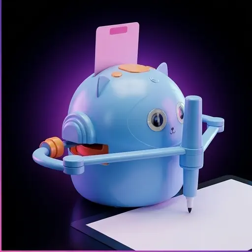 Robot edukacyjny niebieski rysuje ilustrację krok po kroku, ramię z mazakiem w ruchu Robot edukacyjny niebieski rysuje ilustrację krok po kroku, ramię z mazakiem w ruchu