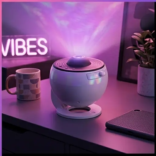 Projektor gwiazd LED podłączony kablem USB do powerbanku na szafce nocnej Projektor gwiazd LED podłączony kablem USB do powerbanku na szafce nocnej