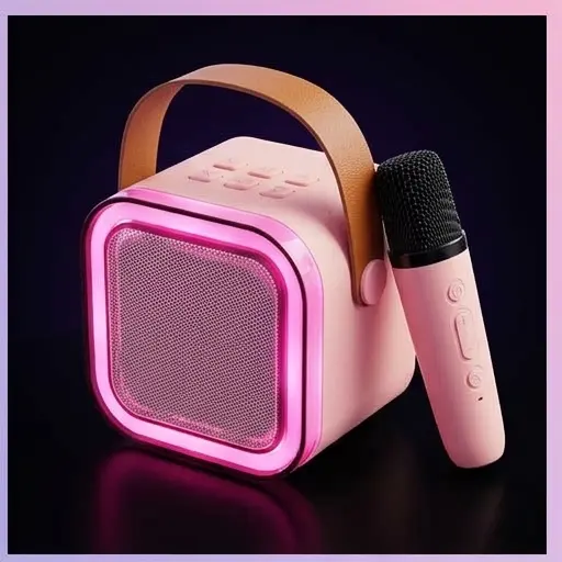 Dwa bezprzewodowe mikrofony do karaoke w kolorze różowym obok głośnika Bluetooth RGB Dwa bezprzewodowe mikrofony do karaoke w kolorze różowym obok głośnika Bluetooth RGB