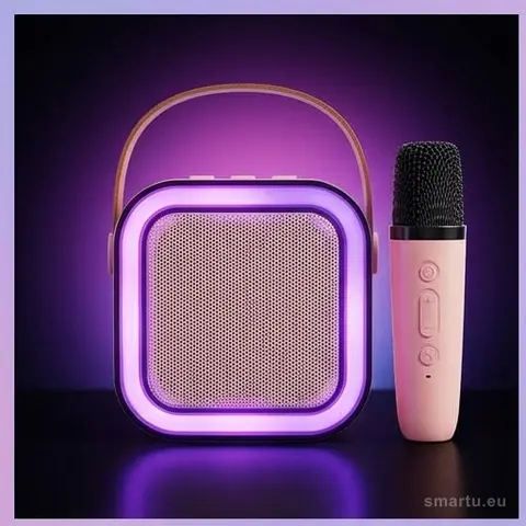 Zestaw do karaoke Bluetooth 6W różowy 2 mikrofony RGB LED micro SD USB-C KX3377