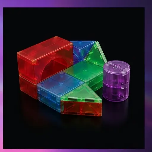 Dziecko łączy kolorowe klocki magnetyczne świecące w konstrukcję 3D na dywanie Dziecko łączy kolorowe klocki magnetyczne świecące w konstrukcję 3D na dywanie