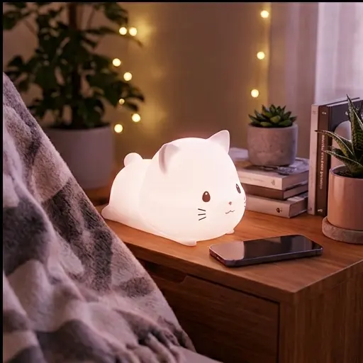 Lampka kotek silikonowa USB świeci zimnym białym światłem przy czytaniu bajek Lampka kotek silikonowa USB świeci zimnym białym światłem przy czytaniu bajek