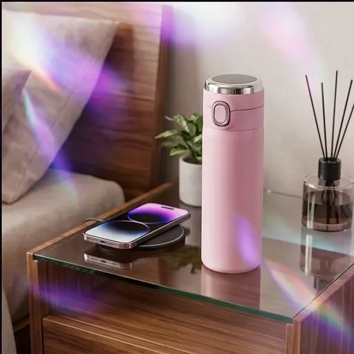 Kubek termiczny 350 ml różowy stojący na biurku obok laptopa Kubek termiczny 350 ml różowy stojący na biurku obok laptopa