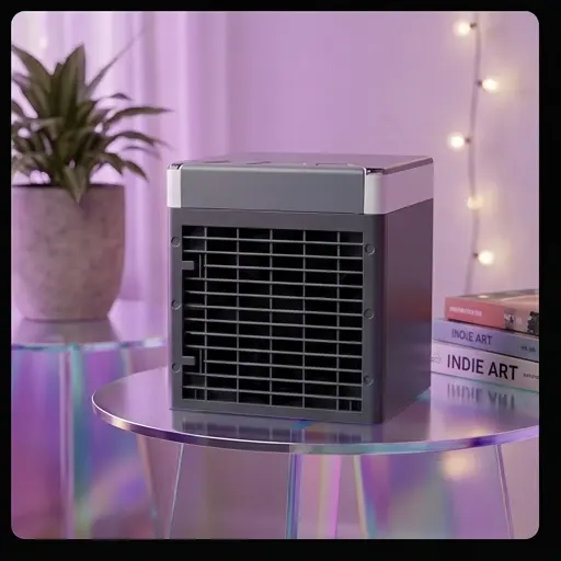 Klimator ewaporacyjny USB z włączonym podświetleniem LED w kolorze niebieskim na ciemnym biurku Klimator ewaporacyjny USB z włączonym podświetleniem LED w kolorze niebieskim na ciemnym biurku
