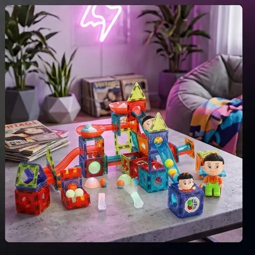Dziecko 3+ buduje przestrzenną konstrukcję z klocków magnetycznych marble run Dziecko 3+ buduje przestrzenną konstrukcję z klocków magnetycznych marble run