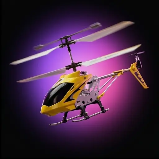 Syma S107G żółty - widok z boku, widoczny stelaż aluminiowy i łopaty ABS Syma S107G żółty - widok z boku, widoczny stelaż aluminiowy i łopaty ABS