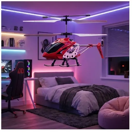 Helikopter SYMA S107G czerwony w locie wewnątrz pomieszczenia - stabilny hover Helikopter SYMA S107G czerwony w locie wewnątrz pomieszczenia - stabilny hover