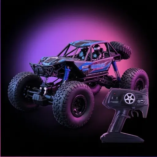 Przedni widok crawlera RC 4WD niebieski z kołami o średnicy 13,5 cm i karoserią ABS Przedni widok crawlera RC 4WD niebieski z kołami o średnicy 13,5 cm i karoserią ABS