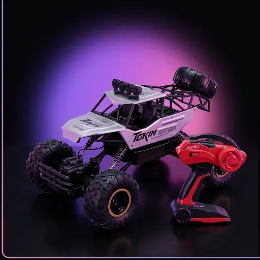 Rock Crawler RC 4WD srebrny - widok z boku, metalowa karoseria i duże gumowe koła Rock Crawler RC 4WD srebrny - widok z boku, metalowa karoseria i duże gumowe koła