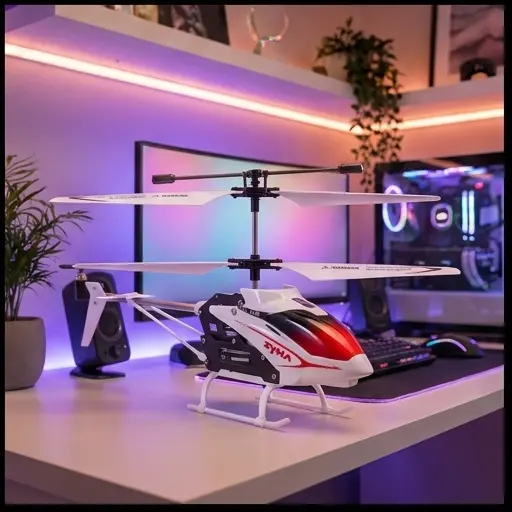 SYMA S5 RC w locie w pomieszczeniu - podświetlenie LED włączone SYMA S5 RC w locie w pomieszczeniu - podświetlenie LED włączone