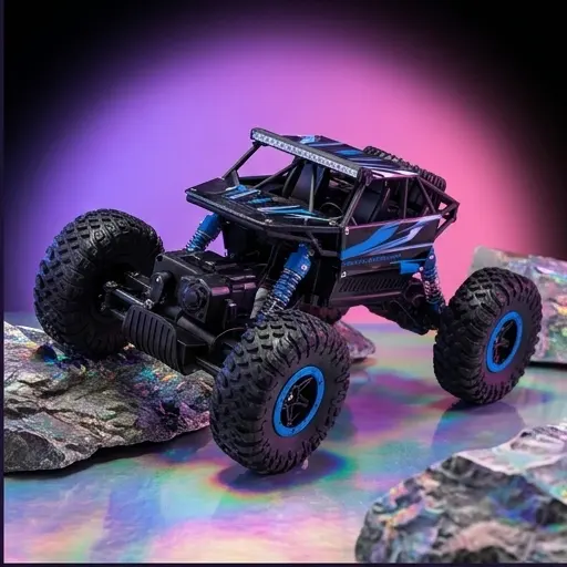 Rock Crawler RC 1:18 niebieski - widok z przodu, widoczne duże koła terenowe Rock Crawler RC 1:18 niebieski - widok z przodu, widoczne duże koła terenowe