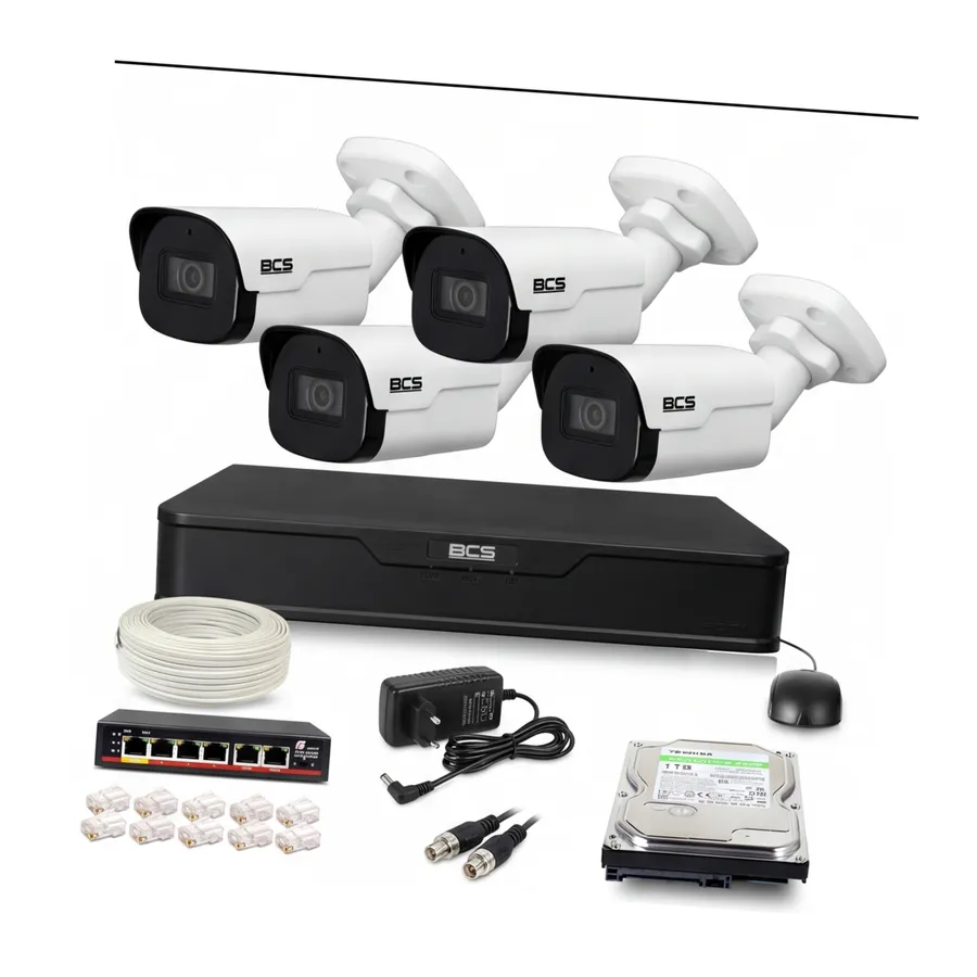 Zestaw monitoringu IP BCS Point 4x Kamera BCS-P-TIP24FSR4-Ai2 Rejestrator z dyskiem 1TB Zestaw monitoringu IP BCS Point 4x Kamera BCS-P-TIP24FSR4-Ai2 Rejestrator z dyskiem 1TB