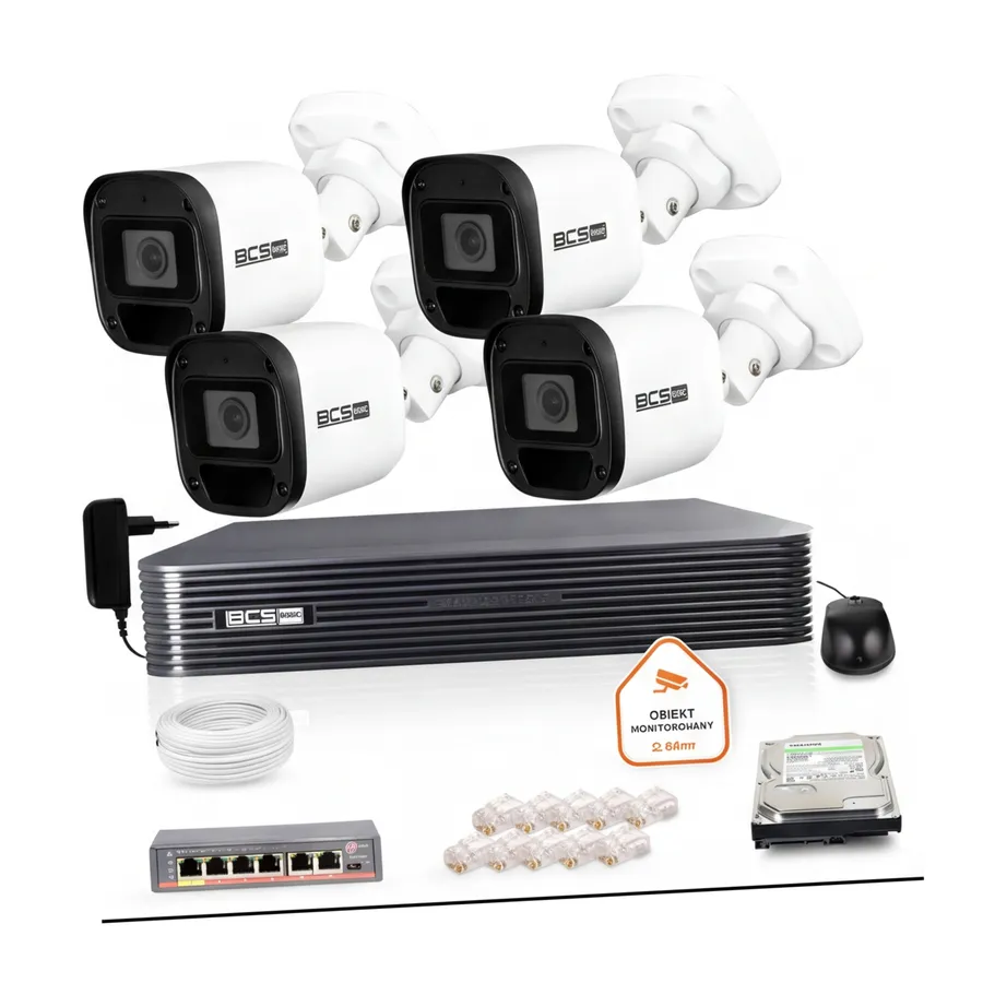 Zestaw monitoringu IP BCS Basic 4x Kamera BCS-B-TIP12FR3(2.0) Rejestrator z dyskiem Zestaw monitoringu IP BCS Basic 4x Kamera BCS-B-TIP12FR3(2.0) Rejestrator z dyskiem