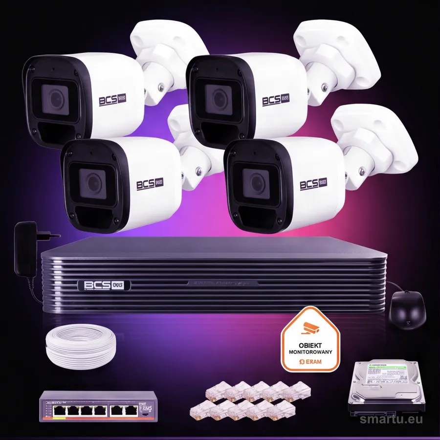 Zestaw monitoringu IP BCS Basic 4x Kamera BCS-B-TIP12FR3(2.0) Rejestrator z dyskiem