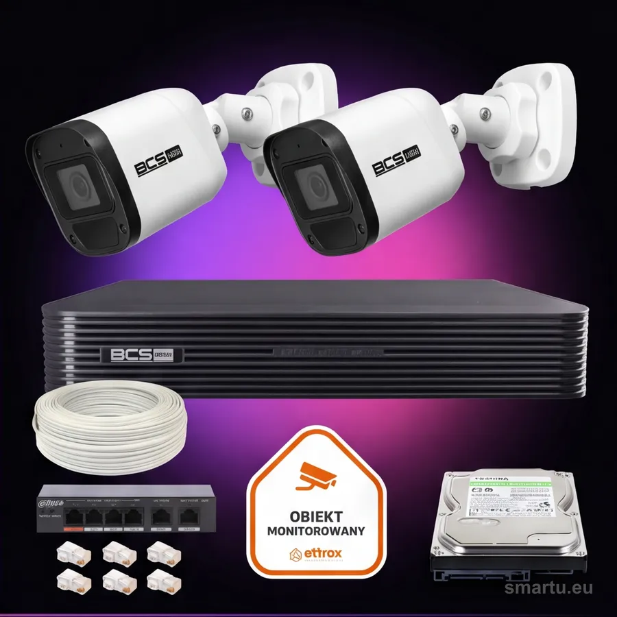 Zestaw monitoringu IP BCS Basic 2x Kamera BCS-B-TIP15FR3(2.0) Rejestrator z dyskiem