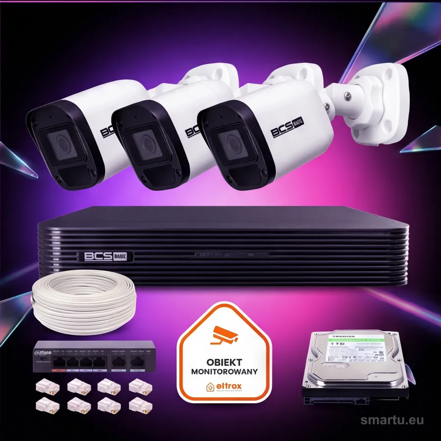 Zestaw monitoringu IP BCS Basic 3x Kamera BCS-B-TIP15FR3(2.0) Rejestrator z dyskiem