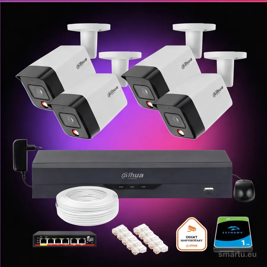 Dahua 4 kamery zewnętrzne IP 6Mpx Dual Light PoE NVR z dyskiem, zestaw monitoringu domu i firmy